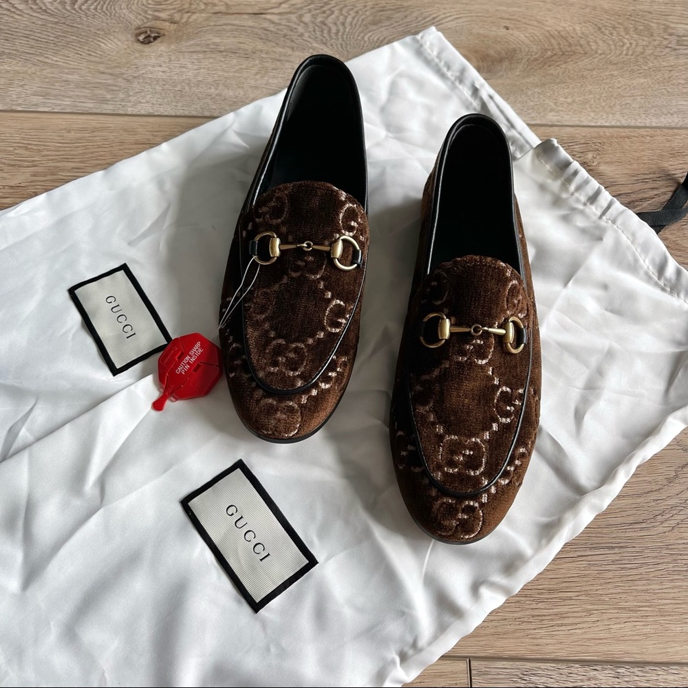 Gucci Women's Brown Jordaan GG Monogram Velvet Horsebit Loafer Shoes NEW - Picture 4 of 17